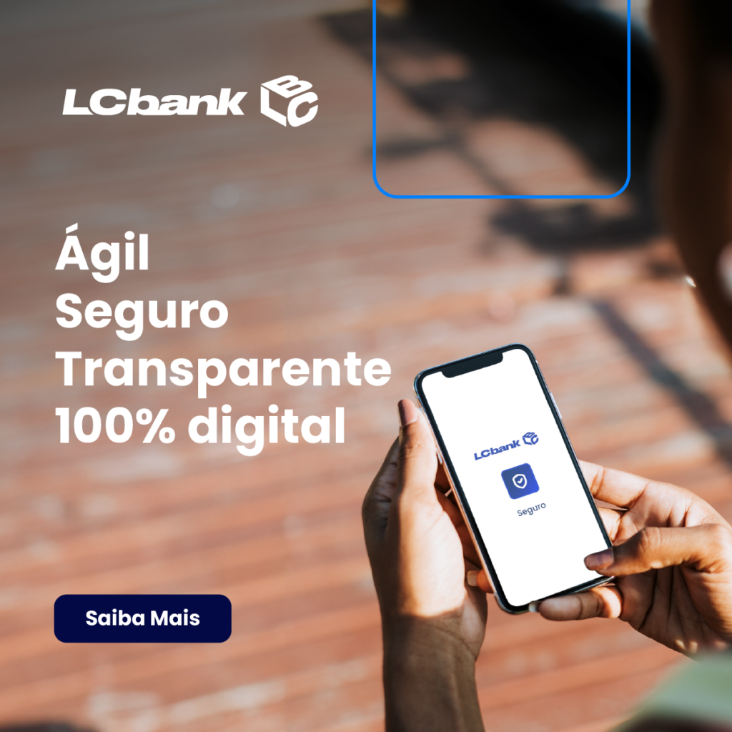 Logo LCbank e celular com app de seguro, texto "Ágil Seguro Transparente 100% digital